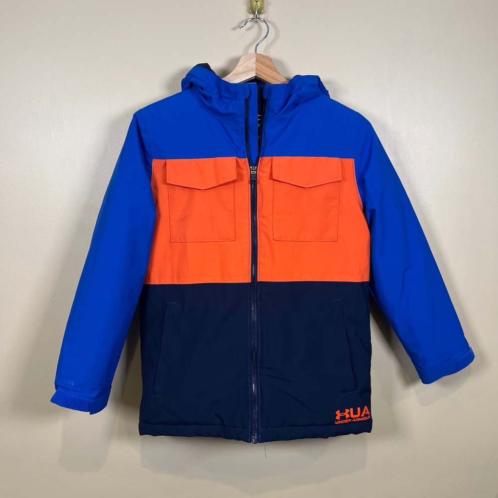 Under Armour Storm Jacket Kids Youth Medium Blue Orange Hooded Puffer Warm